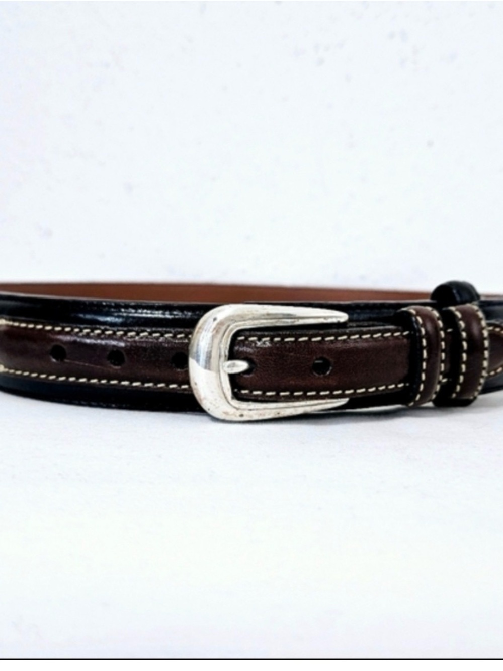 Brighton Double-Stitch Inlay Leather Belt in Black and Brown Size 36 - Picture 2 of 5